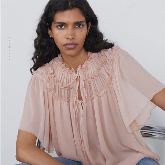 Zara Tops - Zara Light Pink Ruffled Short Sleeve Blouse, Size Small